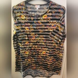LuLaRoe Black Gray Striped Top w Sunflower Design Tunic  Half Sleeve Shirt LARGE